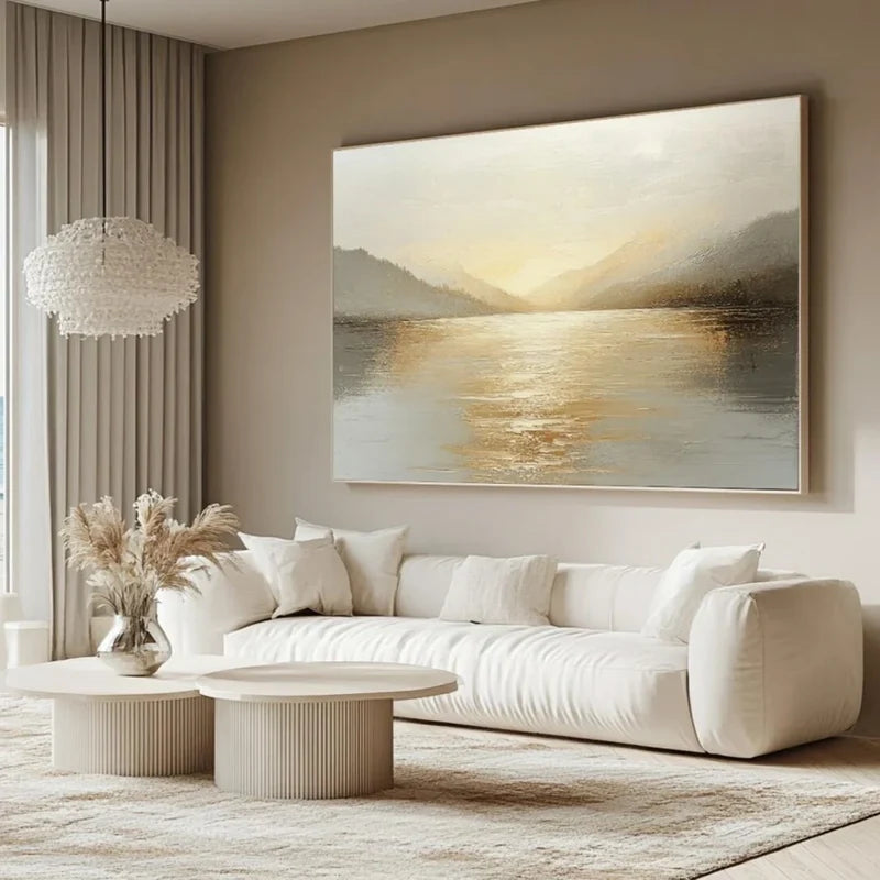 Misty Mountain Lake Wall Art – Neutral Landscape Canvas Painting#yy721021