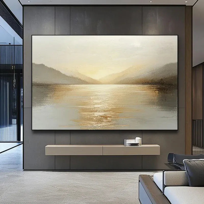 Misty Mountain Lake Wall Art – Neutral Landscape Canvas Painting#yy721021