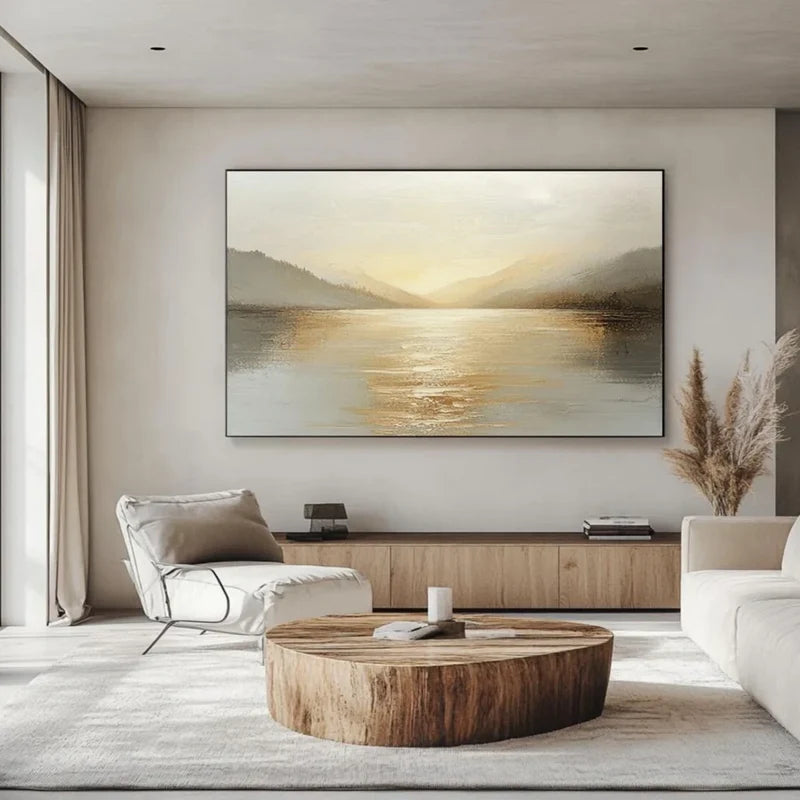 Misty Mountain Lake Wall Art – Neutral Landscape Canvas Painting#yy721021