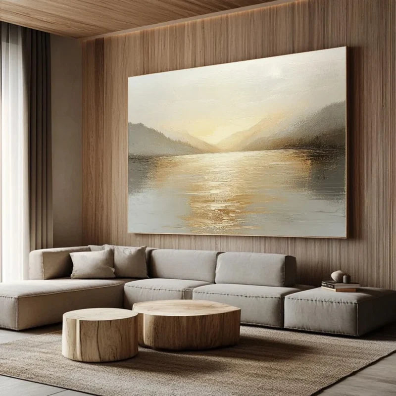 Misty Mountain Lake Wall Art – Neutral Landscape Canvas Painting#yy721021