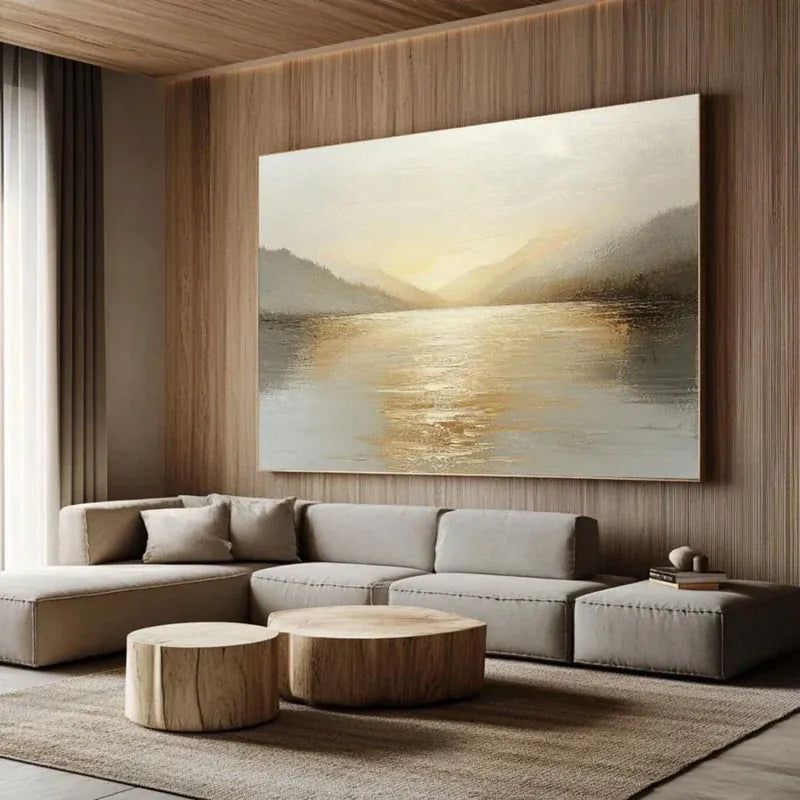 Misty Mountain Lake Wall Art – Neutral Landscape Canvas Painting#yy721021