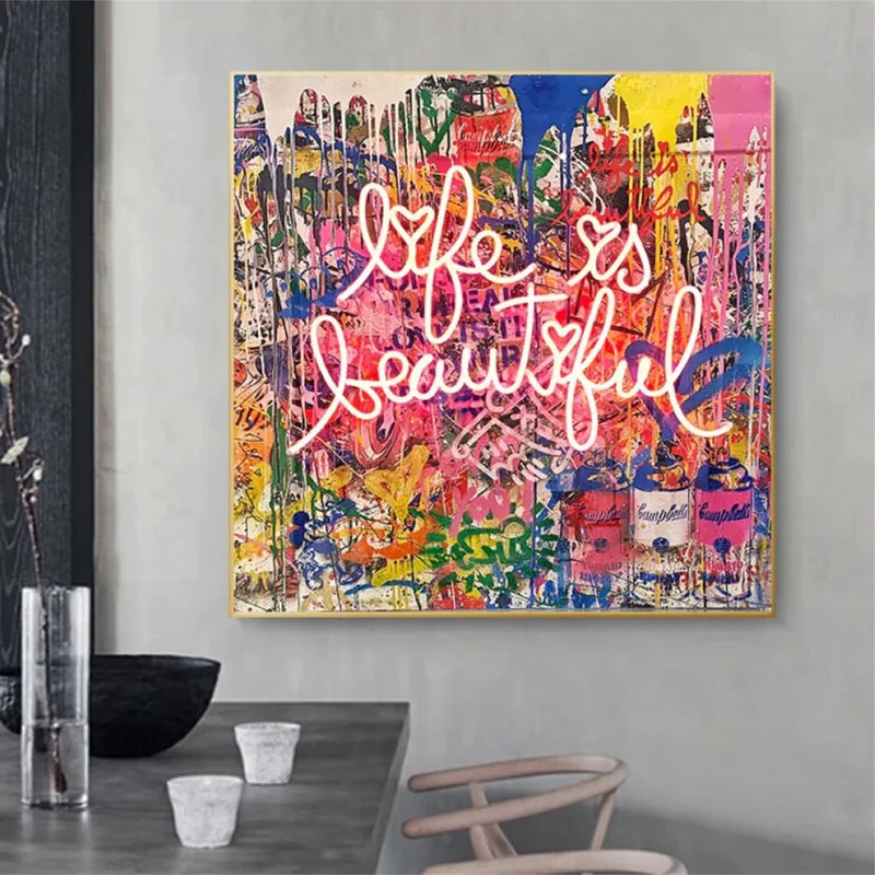 Life Is Beautiful Wall Art – Colorful Pop Art Canvas Painting#yy721022