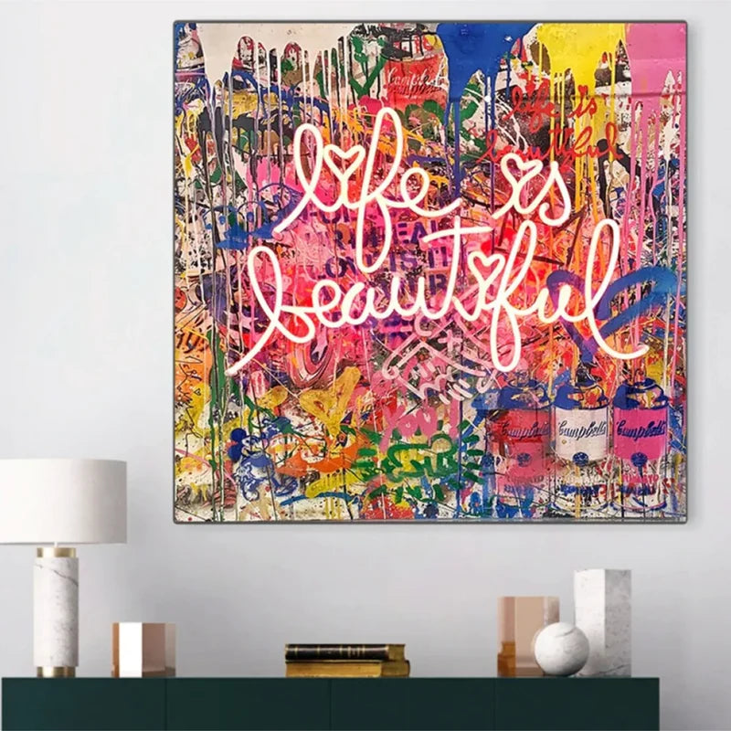 Life Is Beautiful Wall Art – Colorful Pop Art Canvas Painting#yy721022