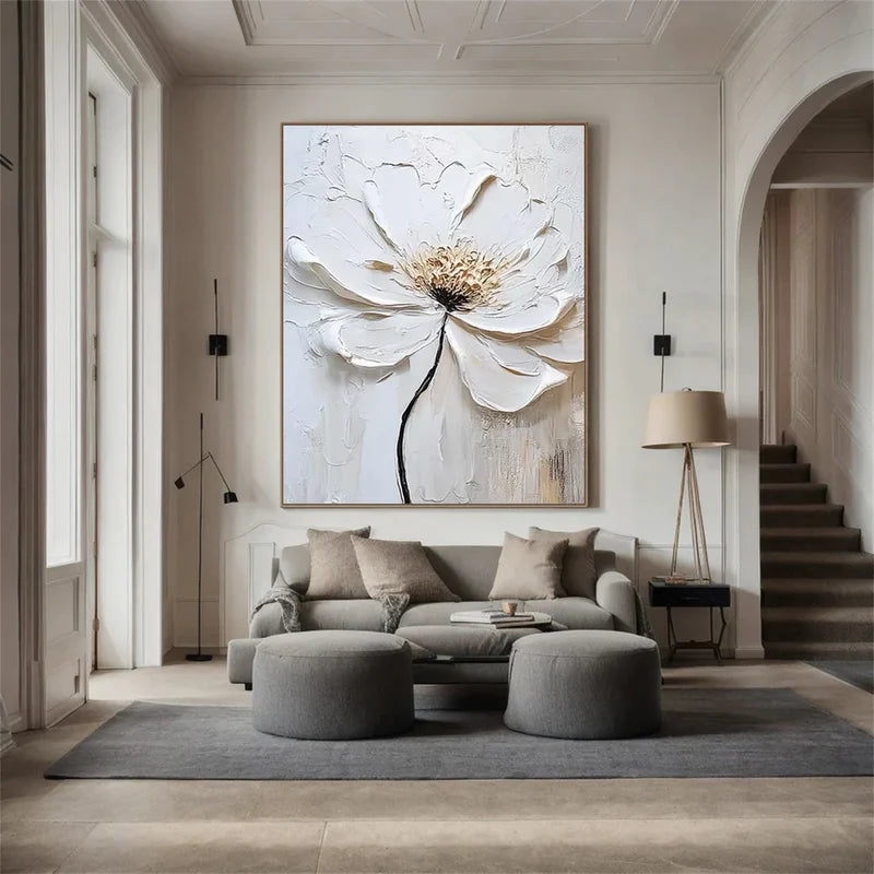 White Flower Textured Wall Art – 3D Floral Canvas Painting#yy721023
