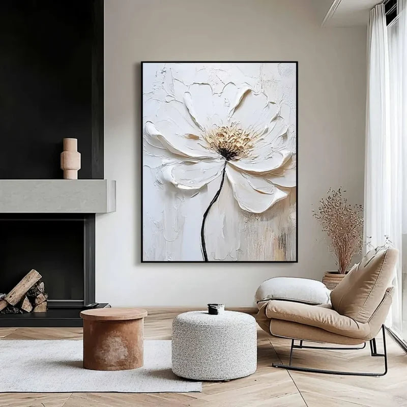 White Flower Textured Wall Art – 3D Floral Canvas Painting#yy721023
