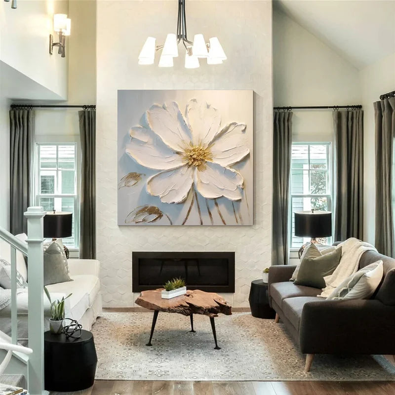 White Flower Textured Wall Art – 3D Floral Canvas Painting#yy721024