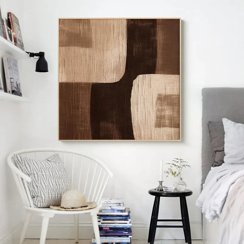 Brown Abstract Geometric Wall Art – Modern Textured Canvas Painting#yy721026