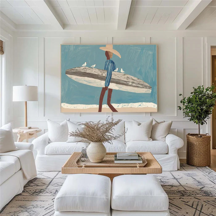 Coastal Surfer Wall Art – Modern Beach Landscape Canvas Painting#yy721029