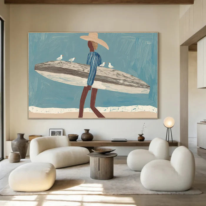 Coastal Surfer Wall Art – Modern Beach Landscape Canvas Painting#yy721029
