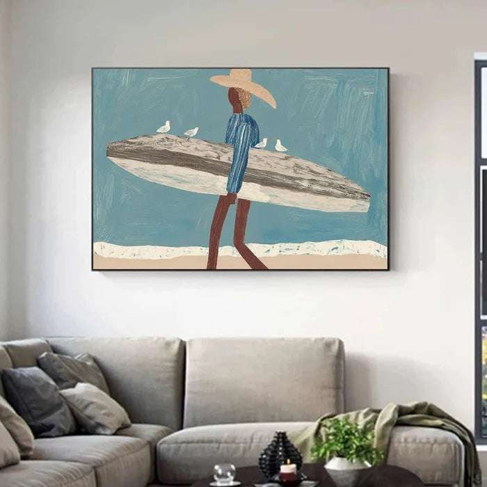 Coastal Surfer Wall Art – Modern Beach Landscape Canvas Painting#yy721029