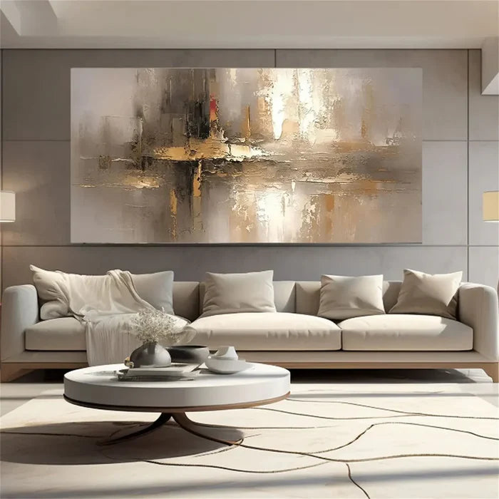 Neutral Abstract Textured Wall Art – Gold Modern Canvas Painting#yy721034