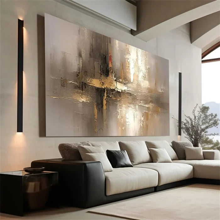 Neutral Abstract Textured Wall Art – Gold Modern Canvas Painting#yy721034