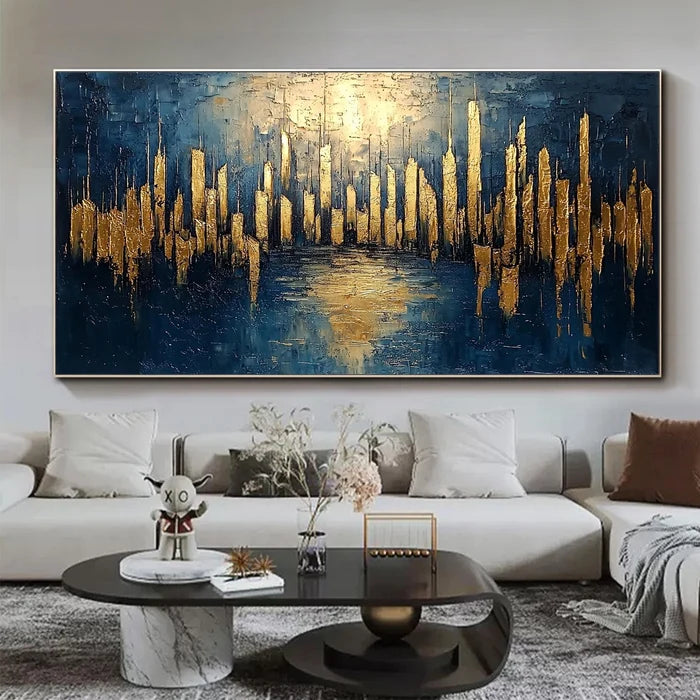 Golden City Skyline Wall Art – Modern Abstract Urban Canvas Painting#yy721044
