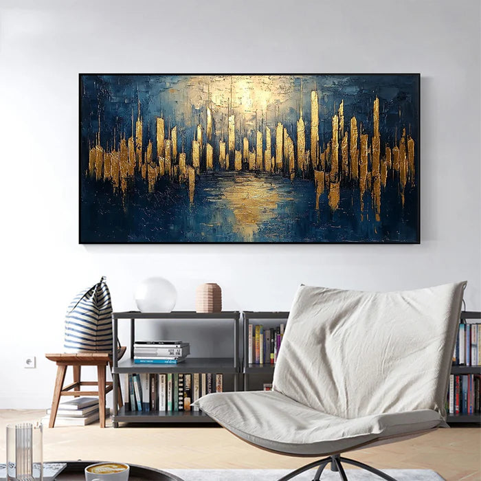 Golden City Skyline Wall Art – Modern Abstract Urban Canvas Painting#yy721044