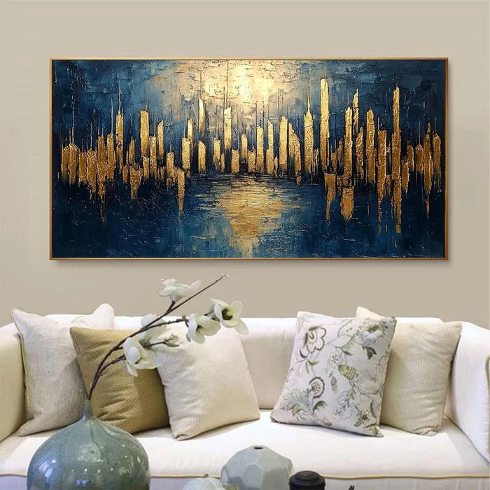 Golden City Skyline Wall Art – Modern Abstract Urban Canvas Painting#yy721044