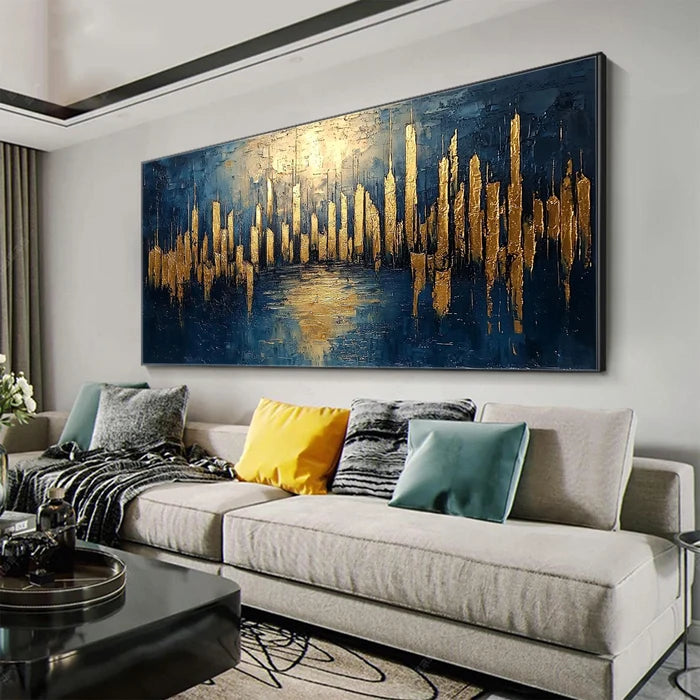 Golden City Skyline Wall Art – Modern Abstract Urban Canvas Painting#yy721044