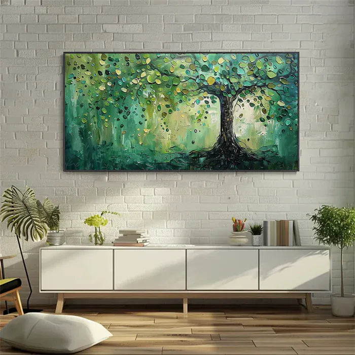 Green Tree Wall Art – Textured Nature Landscape Canvas Painting#yy721045