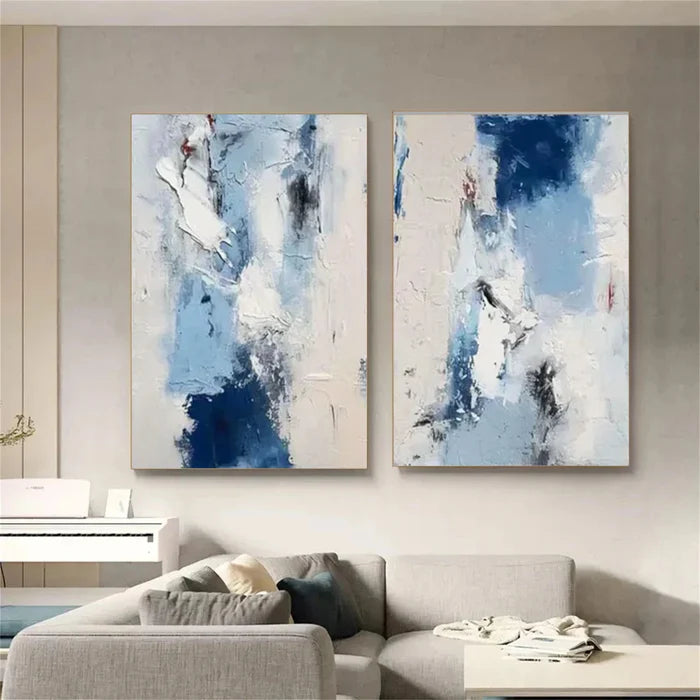 Blue Abstract Wall Art Set – Textured Diptych Canvas Painting#yy721050