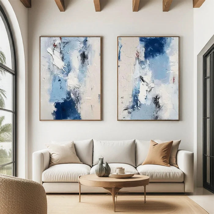 Blue Abstract Wall Art Set – Textured Diptych Canvas Painting#yy721050
