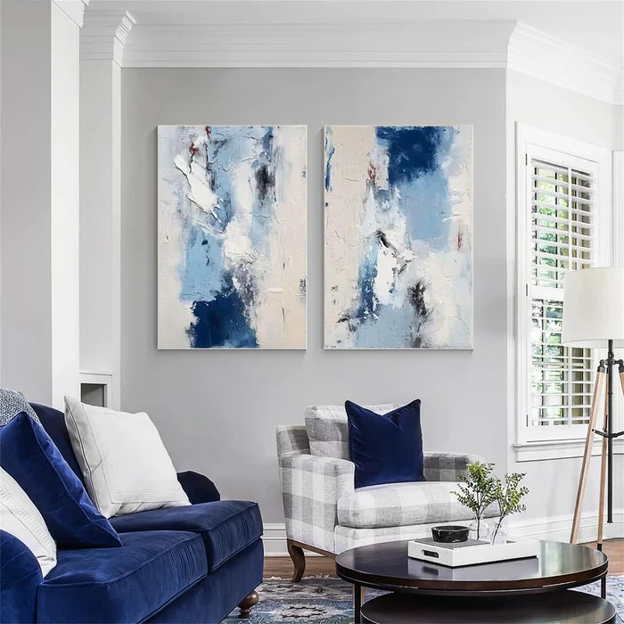 Blue Abstract Wall Art Set – Textured Diptych Canvas Painting#yy721050