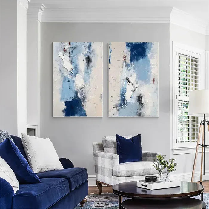 Blue Abstract Wall Art Set – Textured Diptych Canvas Painting#yy721050