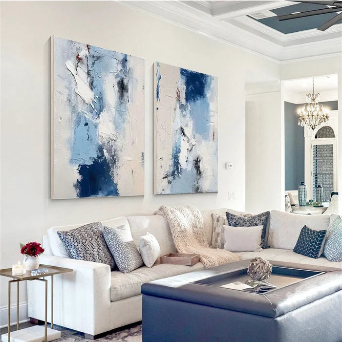 Blue Abstract Wall Art Set – Textured Diptych Canvas Painting#yy721050