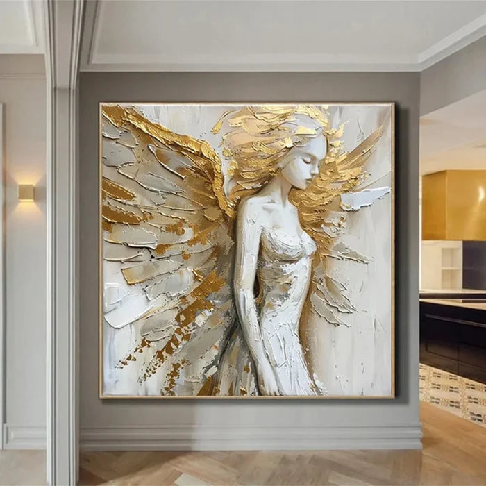 Golden Angel Wall Art – 3D Textured Religious Figure Canvas Painting#yy721051