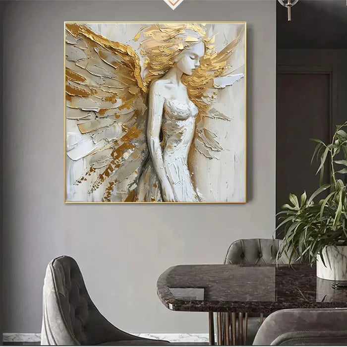Golden Angel Wall Art – 3D Textured Religious Figure Canvas Painting#yy721051
