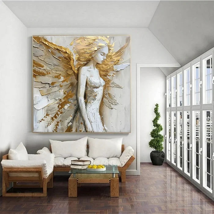 Golden Angel Wall Art – 3D Textured Religious Figure Canvas Painting#yy721051