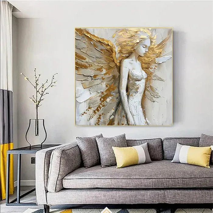 Golden Angel Wall Art – 3D Textured Religious Figure Canvas Painting#yy721051