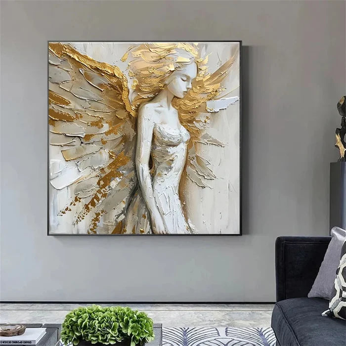 Golden Angel Wall Art – 3D Textured Religious Figure Canvas Painting#yy721051