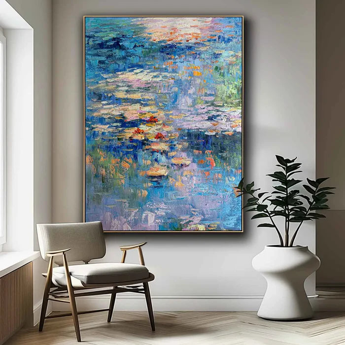 Blue Water Lily Wall Art – Abstract Pond Canvas Painting#yy721052