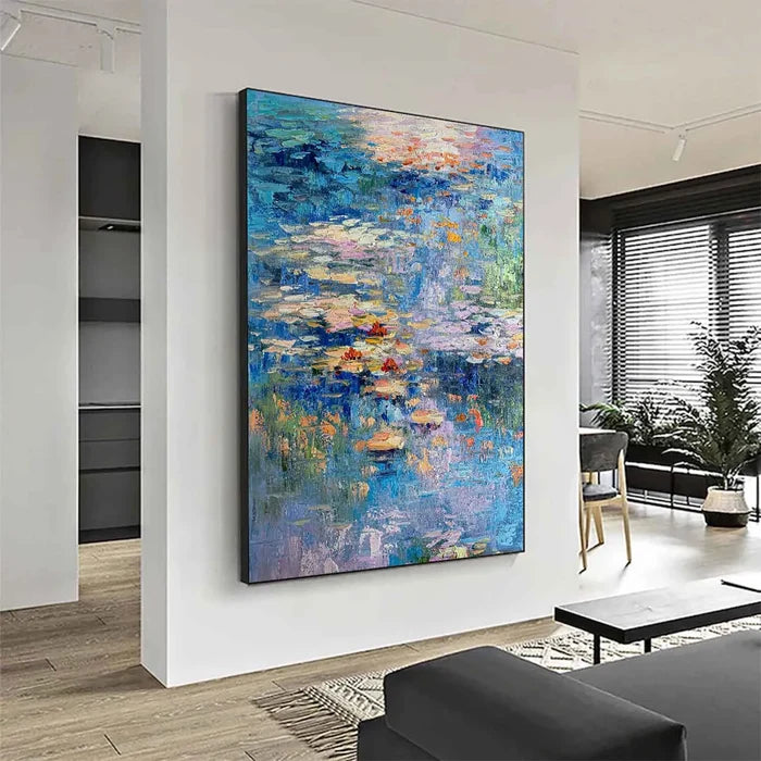 Blue Water Lily Wall Art – Abstract Pond Canvas Painting#yy721052