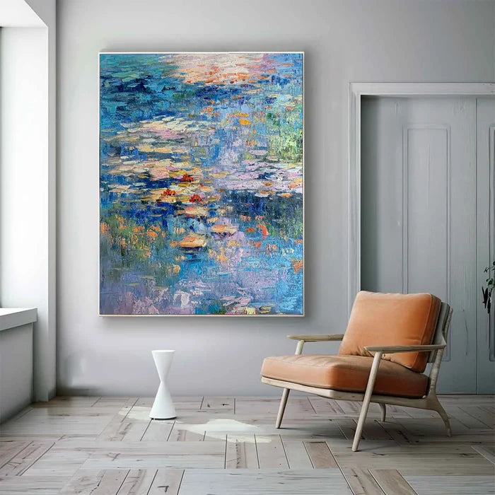 Blue Water Lily Wall Art – Abstract Pond Canvas Painting#yy721052