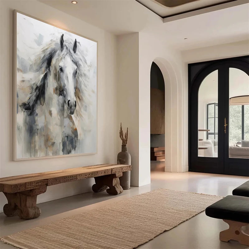 White Horse Wall Art – Modern Abstract Equine Canvas Painting#yy721072