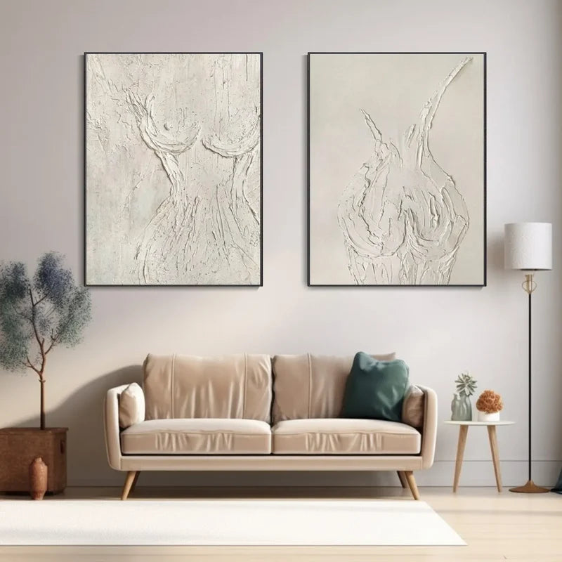 Minimalist White Textured Wall Art Set – Abstract 2 Piece Canvas Painting#yy721080