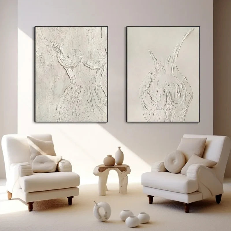 Minimalist White Textured Wall Art Set – Abstract 2 Piece Canvas Painting#yy721080