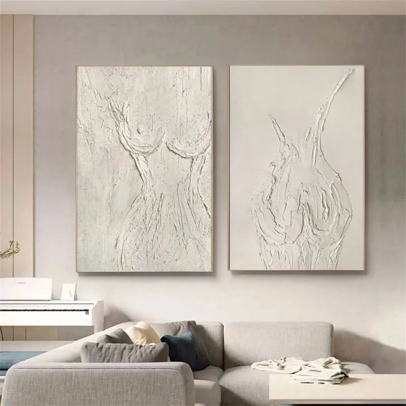 Minimalist White Textured Wall Art Set – Abstract 2 Piece Canvas Painting#yy721080