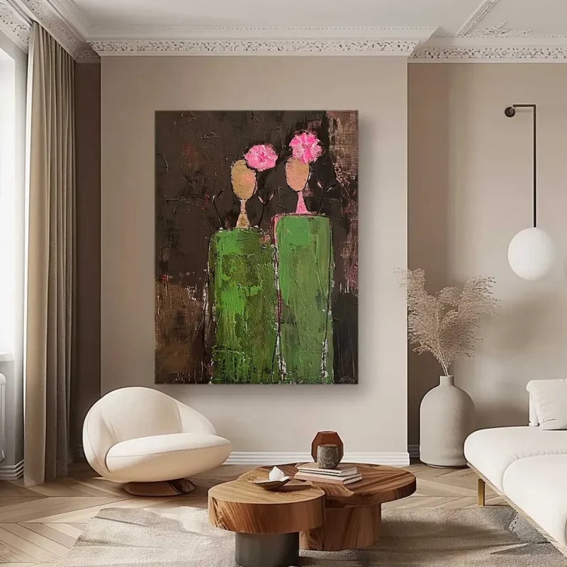 Abstract Flower Vase Wall Art – Modern Textured Floral Canvas Painting#yy721082