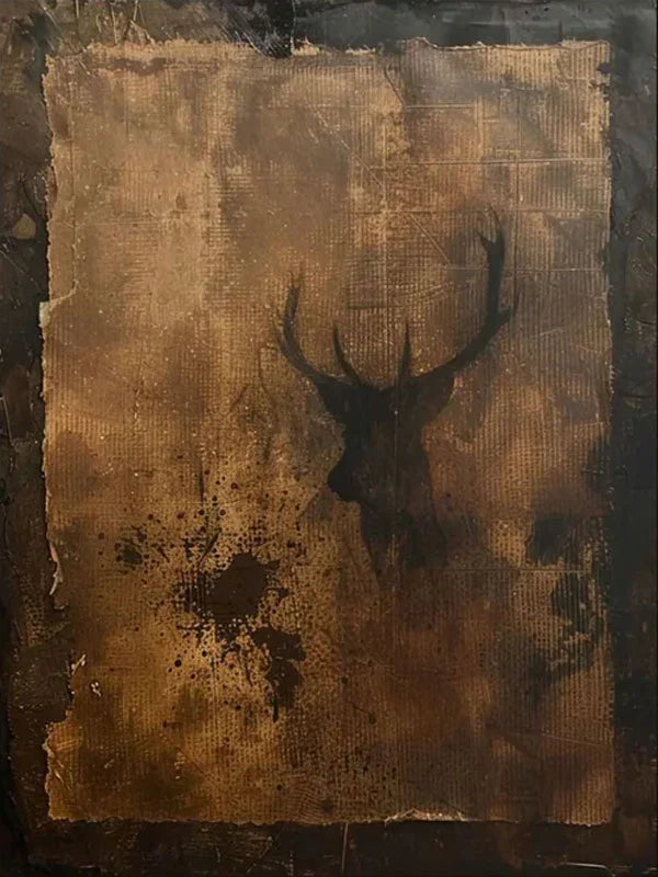 Dark Deer Wall Art – Rustic Animal Canvas Painting with Texture#yy721088