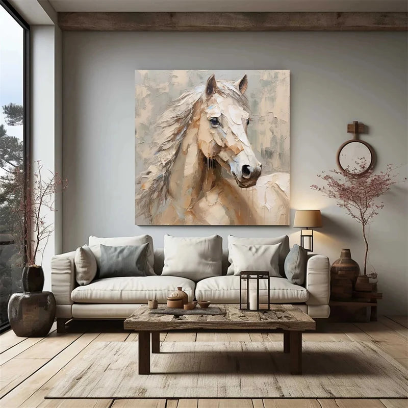 White Horse Wall Art – Modern Textured Equine Canvas Painting#yy721093
