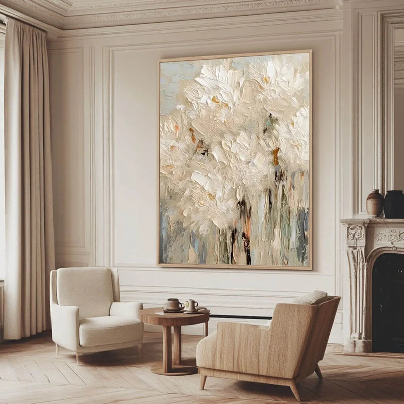 White Textured Floral Wall Art – Modern Abstract Canvas Painting#yy721098