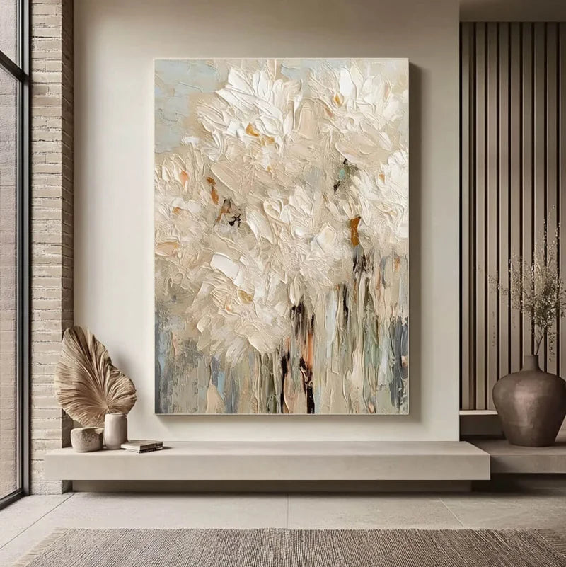 White Textured Floral Wall Art – Modern Abstract Canvas Painting#yy721098