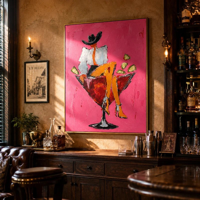 Pink Abstract Cocktail Wall Art – Modern Figurative Canvas Painting#yy721100