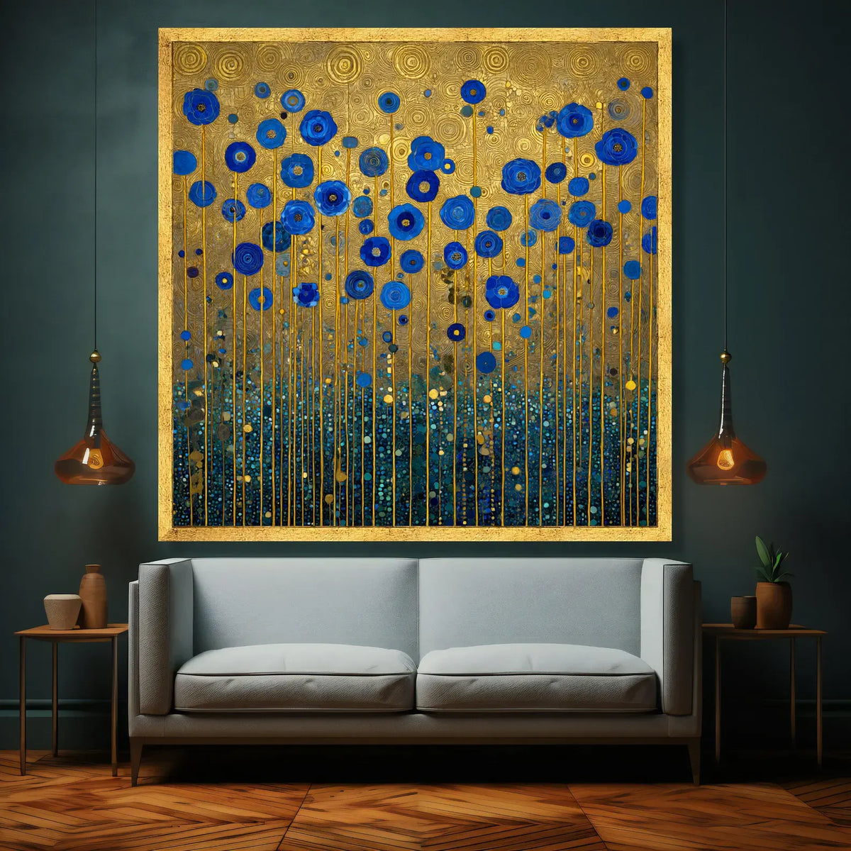 Blue Floral Wall Art – Gold Botanical Canvas Painting#yy721127