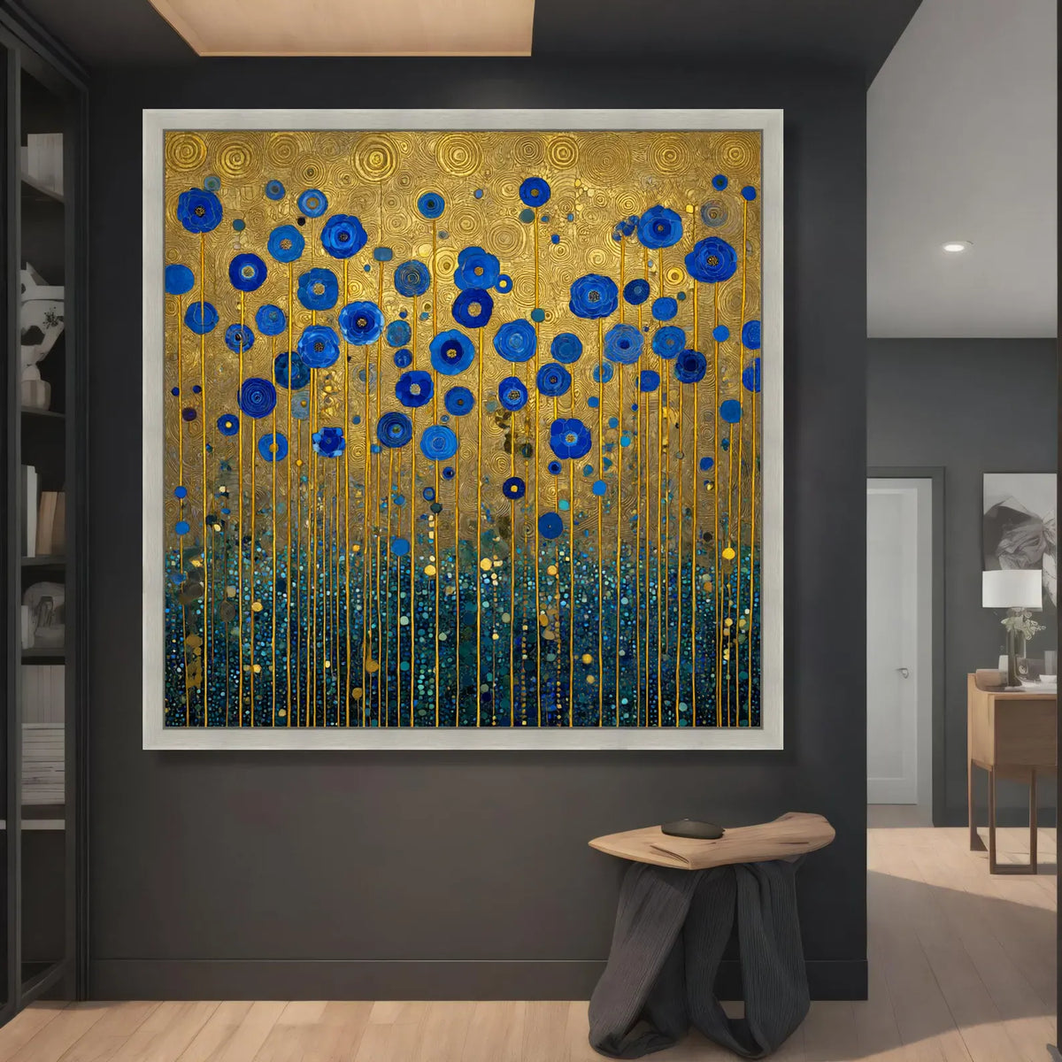 Blue Floral Wall Art – Gold Botanical Canvas Painting#yy721127