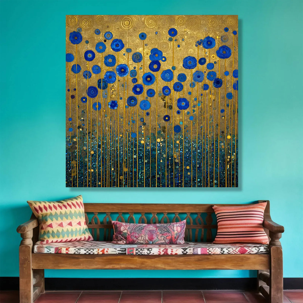 Blue Floral Wall Art – Gold Botanical Canvas Painting#yy721127