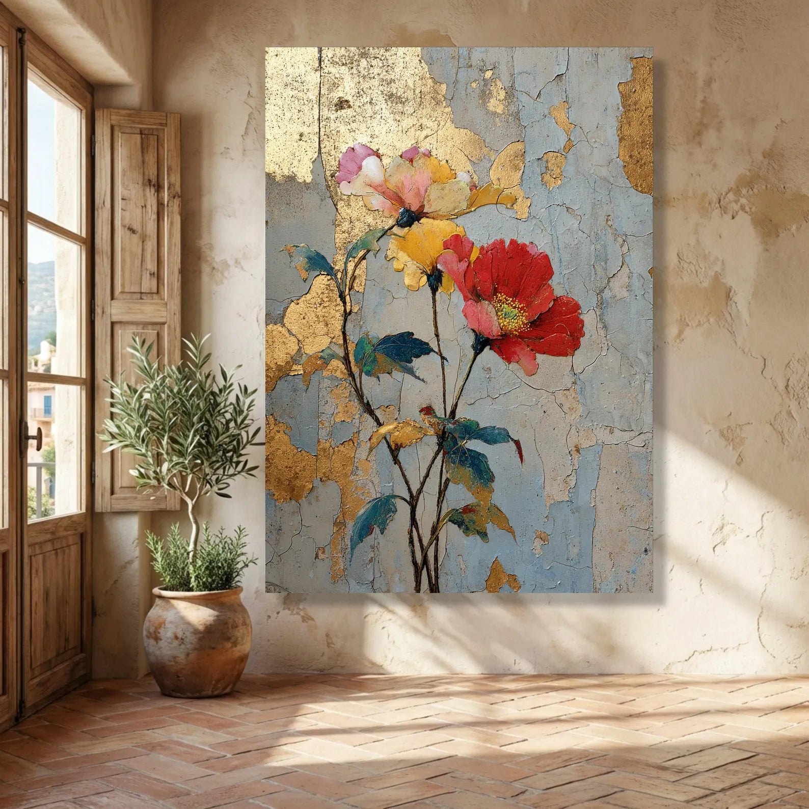 Crimson Petals – Textured Floral Oil Painting#yy721129