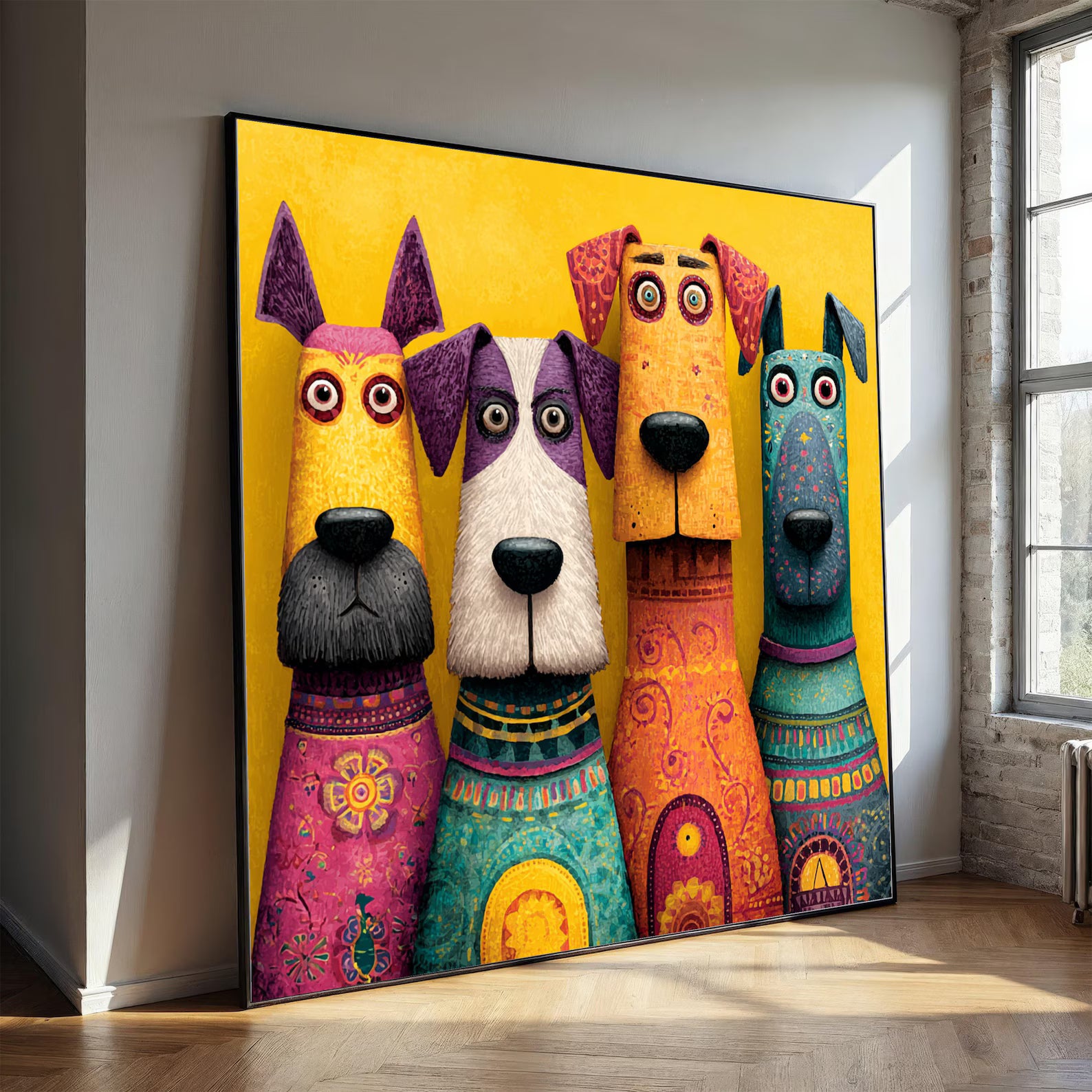 Colorful Dog Squad – Whimsical Animal Oil Painting#yy721137