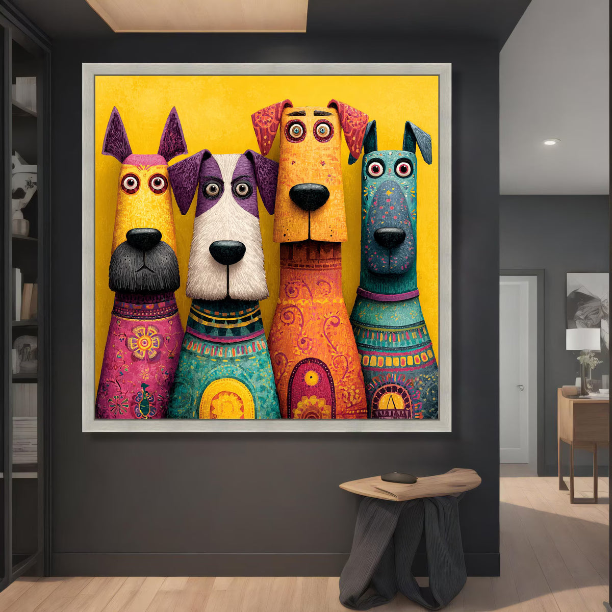 Colorful Dog Squad – Whimsical Animal Oil Painting#yy721137